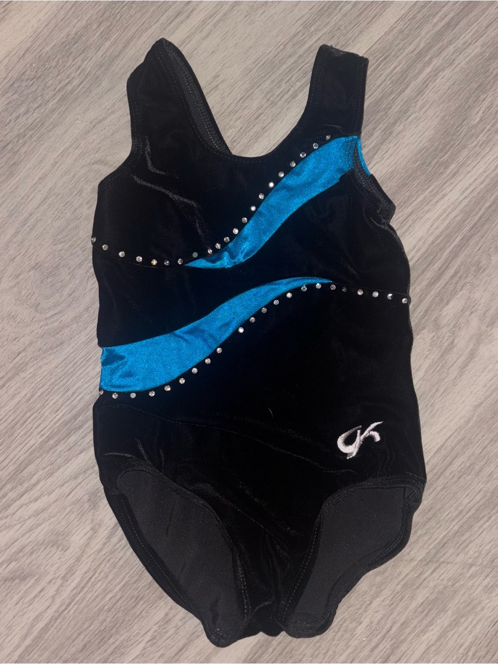 GK Black and Blue Kids velour Leotard with Rhinestone Accents, child Small